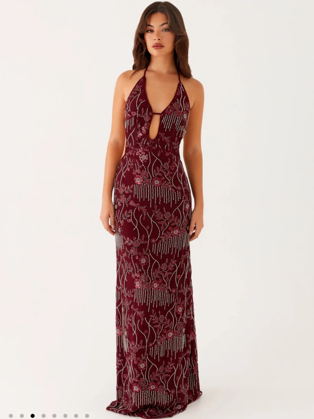 Peppermayo Burgundy Embellished Halter Gown
